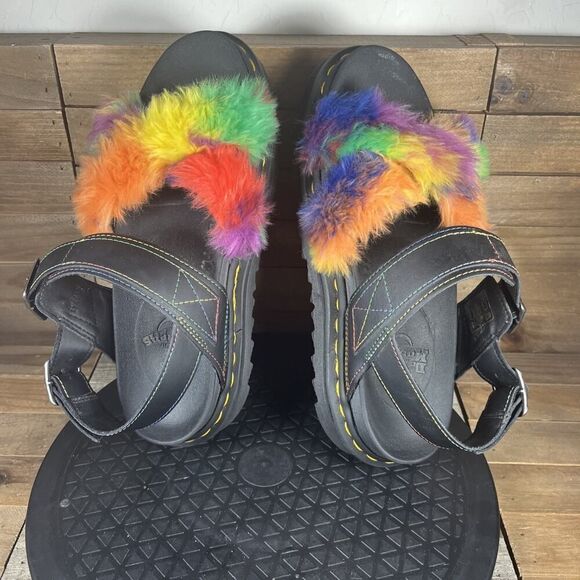 RARE Dr. Martens Womens Sz 8 Voss II Fluffy Faux Fur Rainbow Platform Sandals - Picture 5 of 10